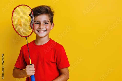 young boy player holding a badminton racket in red t-shirt on yellow background, smiling and ready to play game. Fictional Character Created by Generative AI.