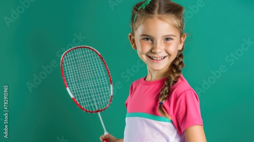 young blonde girl player holding badminton racket on green background, smiling and ready to play game. Fictional Character Created by Generative AI. © shelbys