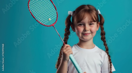 young girl player holding badminton racket on blue background. Fictional Character Created by Generative AI.