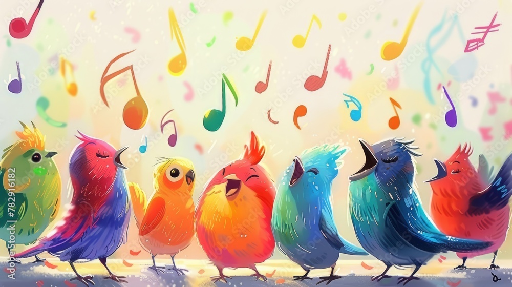 a group of colorful birds  standing in a row singing. there are colorful music notes floating in the background and around the birds