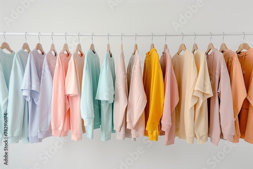 A rack with casual t-shirts hanging on wooden hangers, arranged in an organized and stylish manner against a white background. The shirts come in various colors including pastel