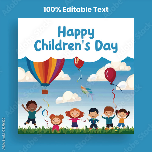 Hand drawn flat Happy Children s Day social media post banner illustration  kids illustration  kids playing with balloon  rainbow blue sky background