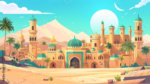 Modern cartoon illustration of a sandy area with traditional yellow houses, antique castle, islamic mosque buildings, palm trees with ancient arab city in desert.