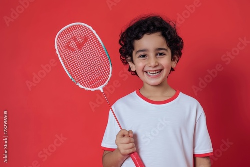 young boy player holding a badminton racket on red background, smiling and ready to play game. Fictional Character Created by Generative AI.