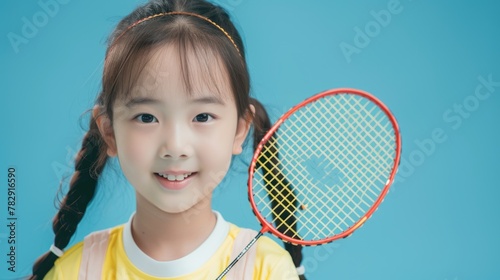 young Asian girl player holding badminton racket on blue background, smiling and ready to play game. Fictional Character Created by Generative AI. © shelbys