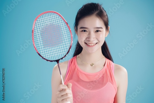 young Asian female badminton player posing with her racket on blue background, ready for action. Fictional Character Created by Generative AI.