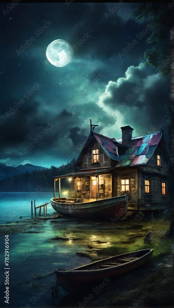 light old house full moon clouds ad a wooden boat in the water