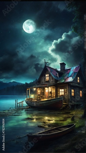 light old house full moon clouds ad a wooden boat in the water © MUHAMMADMUBASHIRALI