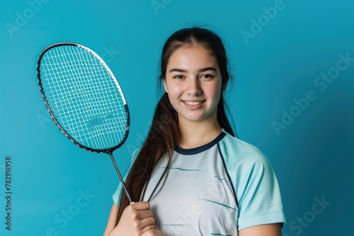 young female badminton player posing with her racket on blue background, ready for action. Fictional Character Created by Generative AI.