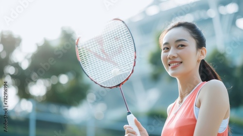young Asian female badminton player posing with her racket on court, ready for action. Fictional Character Created by Generative AI. © shelbys