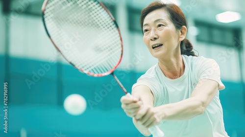 Middle-aged Asian female badminton player posing with her racket on court, ready for action. Fictional Character Created by Generative AI. © shelbys