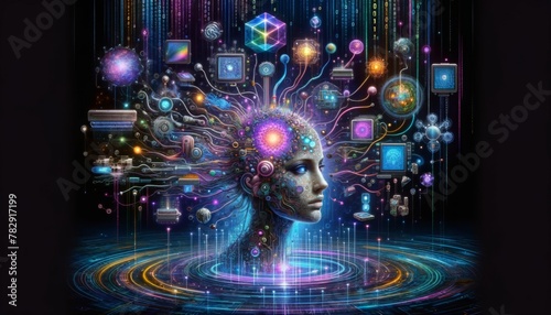 Digital Art of a Humanoid Head Inside a Vibrant Techno-Cosmic Maze with Surrealist Surroundings, featuring Abstract Patterns and Glowing Cybernetic Imagery