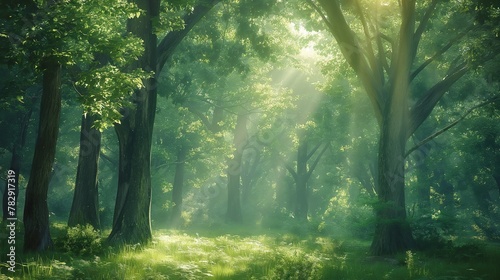 AI generated illustration of sun rays shining through trees in an enchanted forest