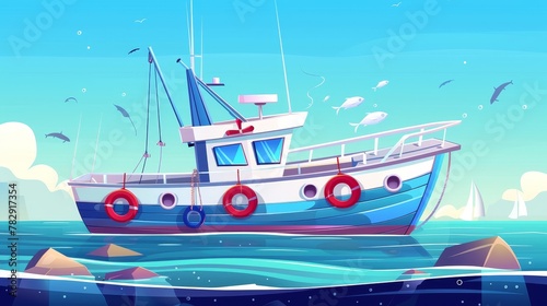 Inventive nautical adventure game for catching food equipment on a ship with lifebuoy in ocean water on a modern marine background. Trawler boat fishing in the sea on a modern marine background.