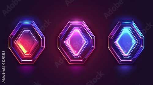 Animated sci fi neon game rank avatar metal hexagon frame modern set. Cartoon isolated futuristic iron level border badge. Steel user asset kit. Empty silver ranking template. photo