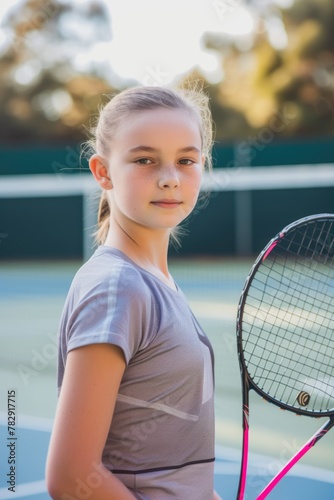 Young Blonde Female Tennis Player Posing with Her Racket on a Court. Fictional Character Created by Generative AI. © shelbys