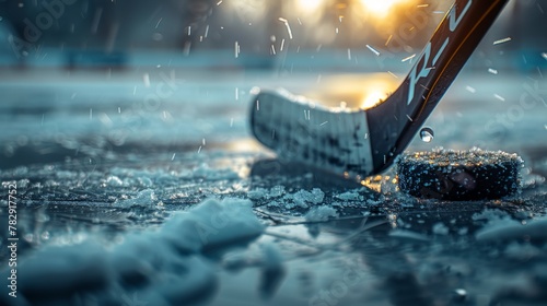 Ice hockey stick and puck on a frozen surface photo