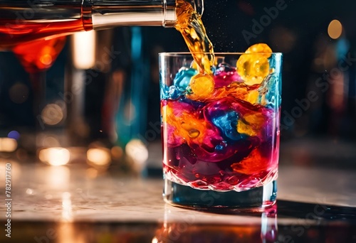 a glass filled with liquid and topped with colorful ice cubes