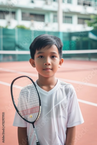 young Asian boy player holding a badminton racket on court, ready to play game. Fictional Character Created by Generative AI.