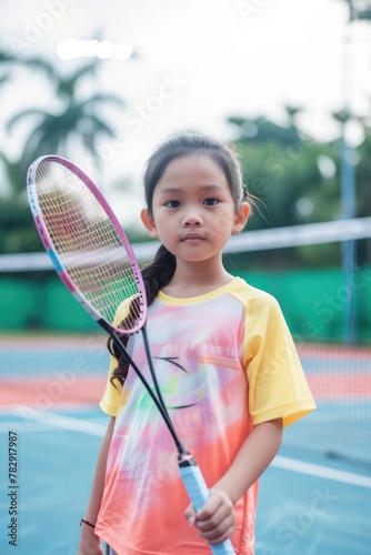 young Asian girl player holding tennis racket on court, posing for a picture and ready to play game. Fictional Character Created by Generative AI. © shelbys