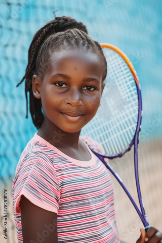 young Black girl player posing with tennis racket on court, ready to play game. Fictional Character Created by Generative AI. © shelbys