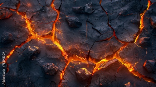 Ground texture of volcanic lava cracks. Horizontal view of broken earth with magma glow. Destruction on hell floor surface. Split fracture damage with orange burn elements. photo