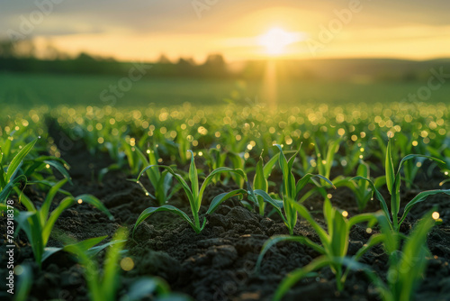 A field planted with green sprouts during the sunrise