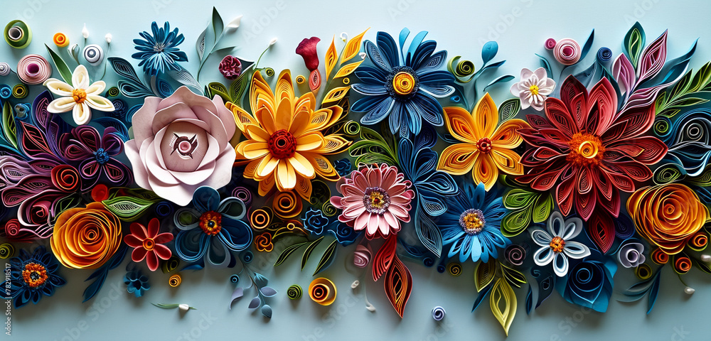 vibrant spiral and curl design, floral forms, in an HD quilling background