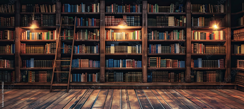 Books on Shelves in Library or Study with Classic Dark Wood Books on Shelves in Library or Study with Classic Dark Wood