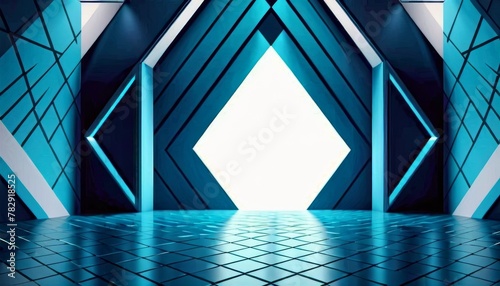 A sleek, digital rendering of a futuristic hallway, highlighted by neon blue lights and a diamond-shaped portal at the end.. AI Generation. AI Generation