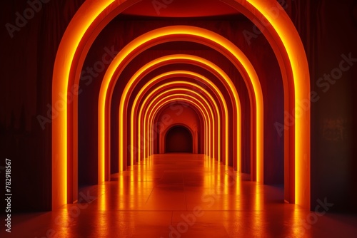 orange light is shining in the passageway in the dark