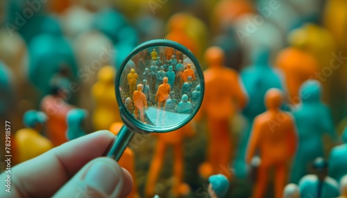 person holding a magnifying glass to the field of white people