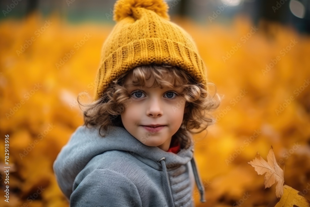 A child with curly hair smiling in an autumnal scene wearing a cozy yellow beanie. Child in Autumn with Yellow Beanie A child with curly hair smiling in an autumnal scene wearing a cozy yellow beanie. Child in Autumn with Yellow Beanie
