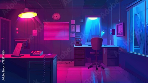 It's the interior of a night police office station with a dark background and a lamp and computer light ray. The law security agency cabinet with the window has a table for investigators in the work
