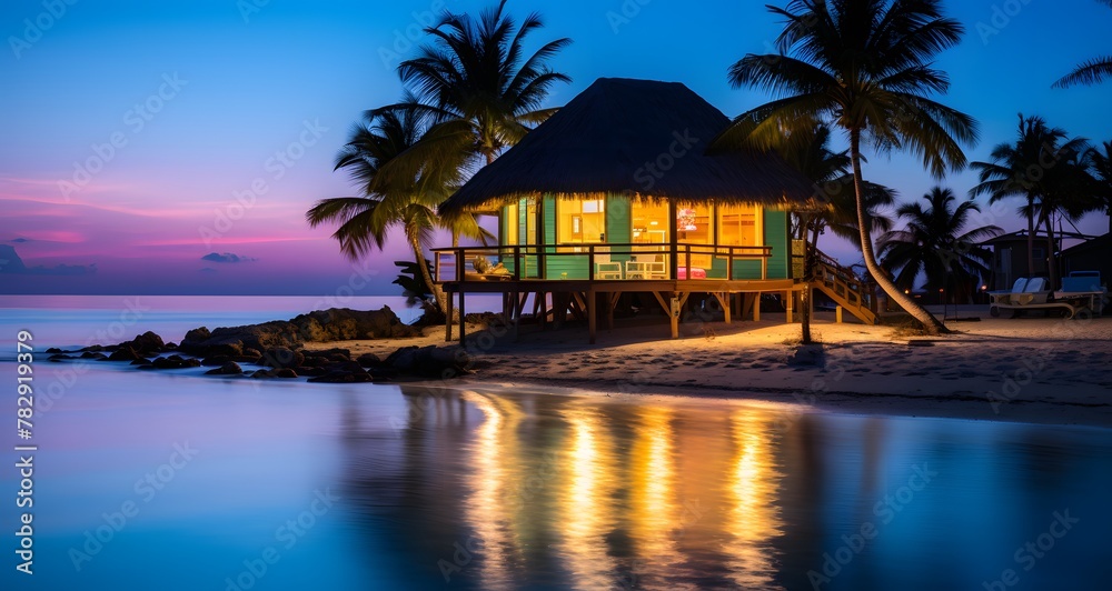 AI generated illustration of overwater bungalow on tropical island at twilight, framed by palm trees