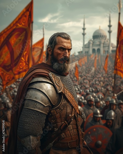 varangian guard. portrait of a viking knight wearing chainmail standing at the gates of Constantinople