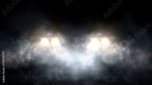 3D spooky dark headlamp lense flare spotlight, sport race auto, realistic car light flare in smoke fog modern effect. Back view of vehicle headlight lamp beam glow. photo