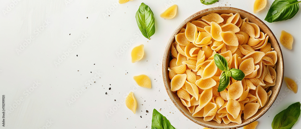Italian cooked pasta soup top view with isolated white background, food, restaurant advertising Italian cooked pasta soup top view with isolated white background, food, restaurant advertising