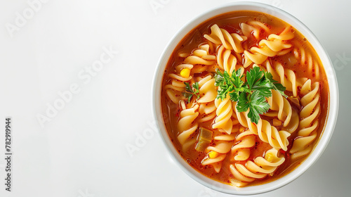 Italian cooked pasta soup top view with isolated white background, food, restaurant advertising