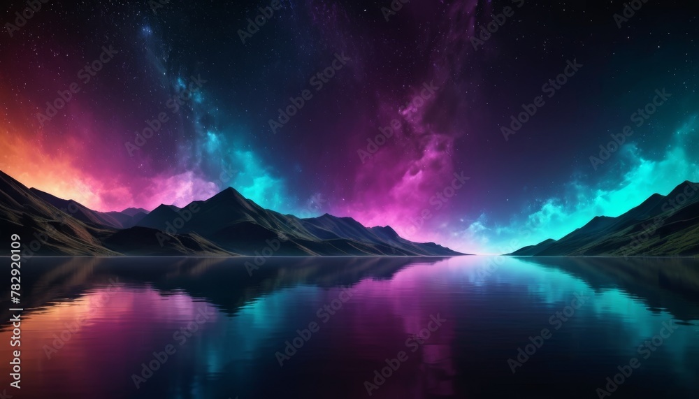 A surreal landscape with vibrant auroras over a tranquil mountain lake, reflecting brilliant hues of pink and purple against a starry sky.. AI Generation