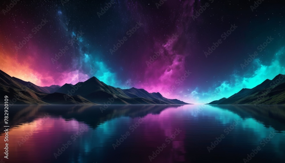 A surreal landscape with vibrant auroras over a tranquil mountain lake, reflecting brilliant hues of pink and purple against a starry sky.. AI Generation A surreal landscape with vibrant auroras over a tranquil mountain lake, reflecting brilliant hues of pink and purple against a starry sky.. AI Generation