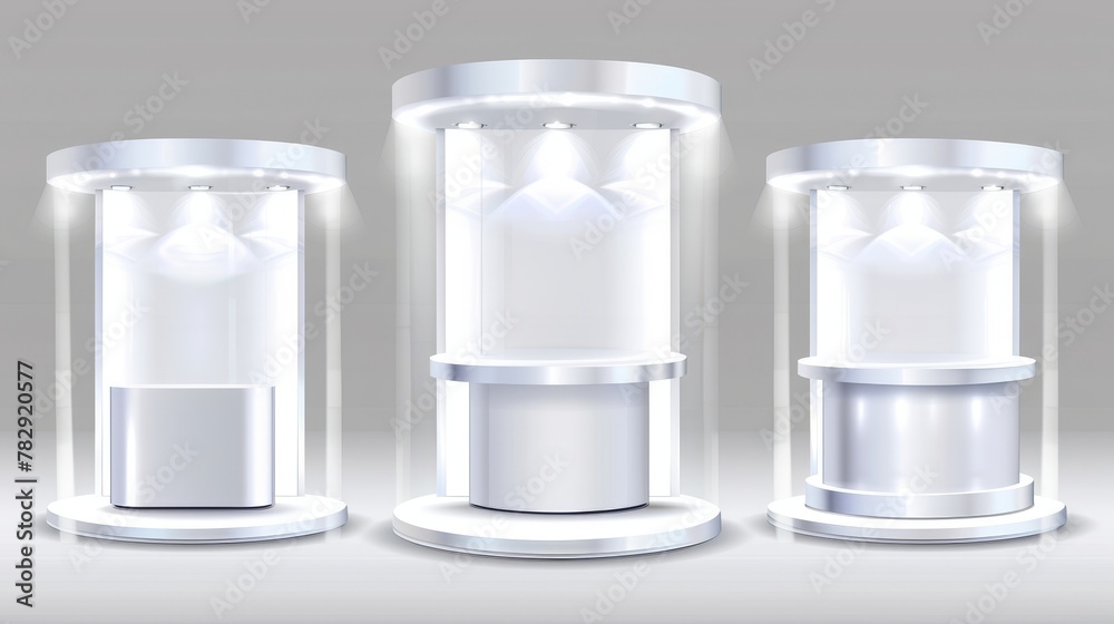 The set includes realistic mockups of a tradeshow booth with a white ceiling and blank walls with a LED light, an exhibition business promotion area isolated on transparent background. The set includes realistic mockups of a tradeshow booth with a white ceiling and blank walls with a LED light, an exhibition business promotion area isolated on transparent background.