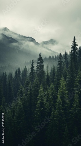 AI-generated illustration of a misty forest landscape with dense trees and hills