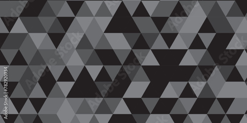 Abstract geometric black and gray background seamless mosaic and low polygon triangle texture wallpaper. Triangle shape retro wall grid pattern geometric ornament tile vector square element.