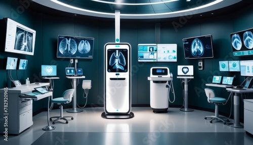 A futuristic medical imaging room equipped with sophisticated diagnostic machines and multiple displays for advanced patient care. AI Generation. AI Generation photo