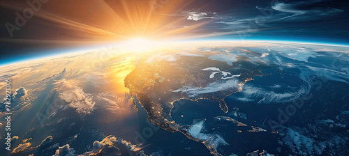 Curvature of planet Earth. space view of earth planet from space. Sunrise over globe land and ocean