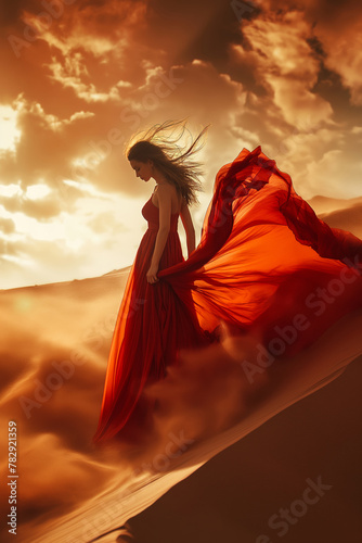 Ethereal girl with red flowing fabric in desert