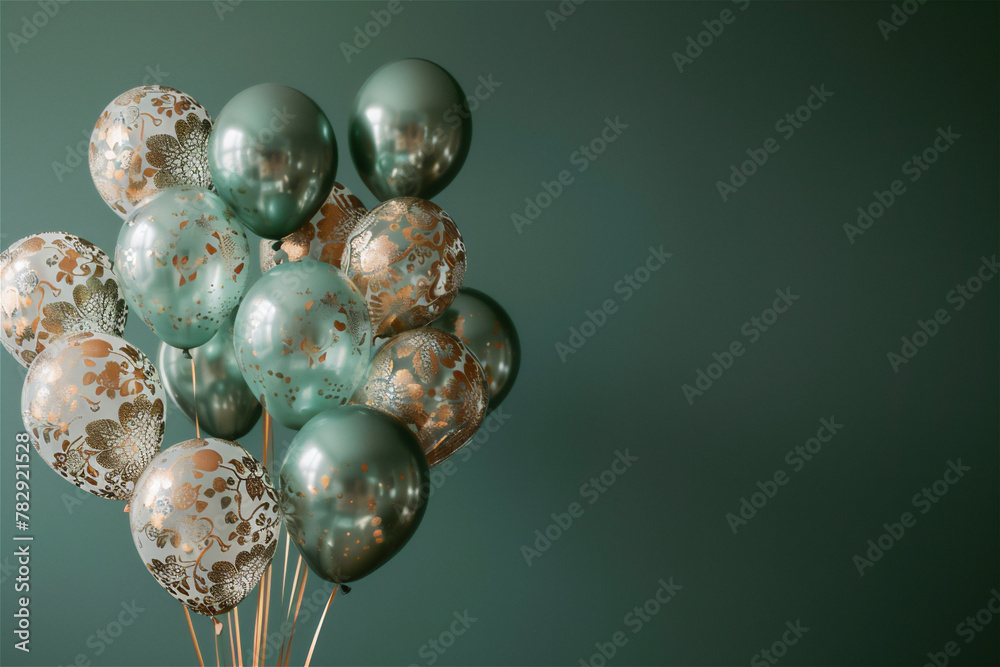 Gold and green balloons bunch on a green wall background. Horizontal