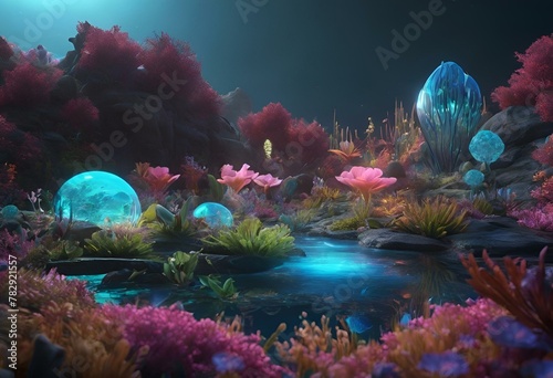 AI generated illustration of a serene lake with lush vegetation and glowing orbs