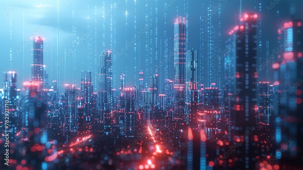 Digital skyline with a binary code particles network. Technology and connection concept. Architecture background with particle skyscrapers. Abstract hologram 3D city rendering with futuristic matrix.